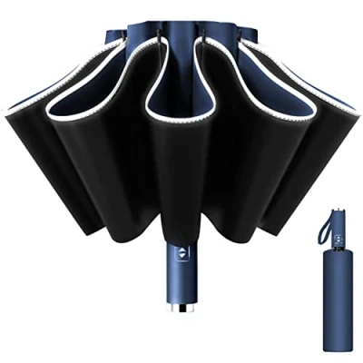 Imagen de Paraguas Plegable Automático, Invertido, Antiviento 10 Varillas para Hombre Mujer, Diámetro 105cm (Azul oscuro)