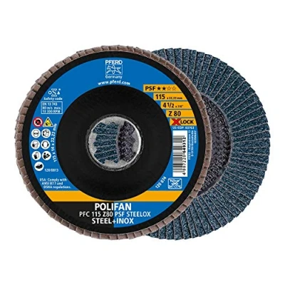Imagen de PFERD Disco abanico Polifan, 10 unidades, 115 mm, Z80, X Lock (22,23 mm), PSF Steelox 67668116 para una gran economía gracias a la descomposición agresiva con buena vida útil.