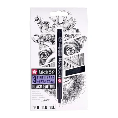 Imagen de Sakura Pigma Micron Fineliners Set de 3 + Estuche Gratis Tinta Negra Resistente al Agua, Tamaños Surtidos Rotuladores para Escribir, Dibujar y Escribir un Diario
