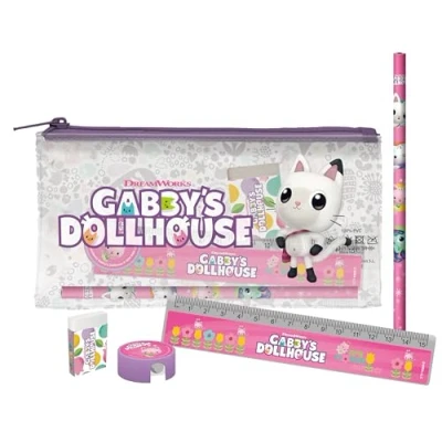 Imagen de CyP Brands Gabby, Set de Papelería, Escritura,Regla, Goma Borrar, Sacapuntas, Lápiz, Estuche, Color Rosa, Producto Oficial