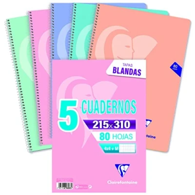 Imagen de CLAIREFONTAINE 696083C Pack 5 Cuadernos, cuadricula + margen (4x4 M), tapa blanda premium, 80 hojas Surtido de colores pastel