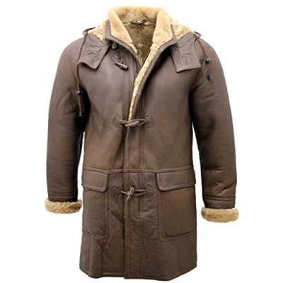 Imagen de Hombres de piel oveja color marrón desmontable capucha abrigo Duffle 3XL