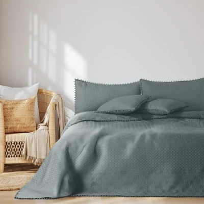 Imagen de AmeliaHome Colcha con Pompones (220 x 240 cm), Color Gris