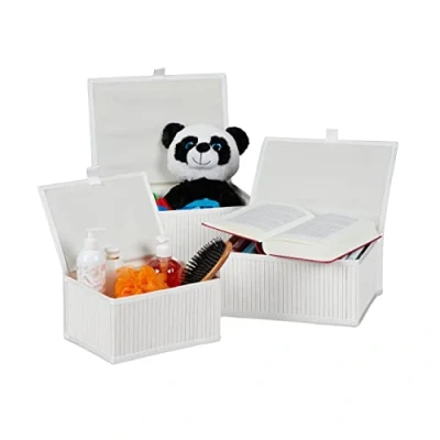 Imagen de Relaxdays Set de 6 cestas almacenaje, con Tapa, Funda Textil, Bambú, Decorativo, Color Blanco