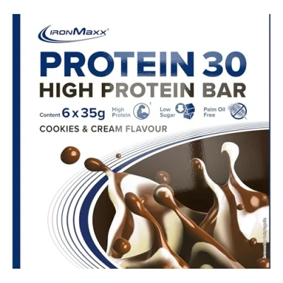 Imagen de IronMaxx Proteína 30 barrita proteica galletas y crema 6 x 35g sin aceite de palma gluten con vitaminas adecuado para una alimentación baja en azúcar carbohidratos