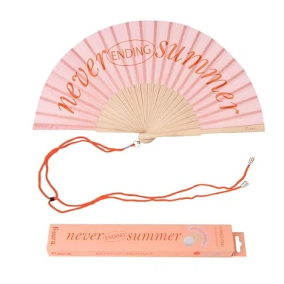 Imagen de Fisura Abanico original con mensaje “never ending summer. de madera moderno y colorido. Ventilador mano rosa naranja. Colgador incluido. Medidas: 42,5 x 23 cm