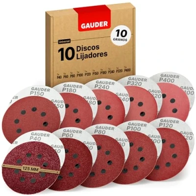Imagen de GAUDER Set Profesional de Discos Abrasivos para Lijadora Orbital Ø 125mm 10 Lija Cierre Rápido 8 Agujeros con 1 Cada Grano 40/60/80/100/120/150/180/240/320/400