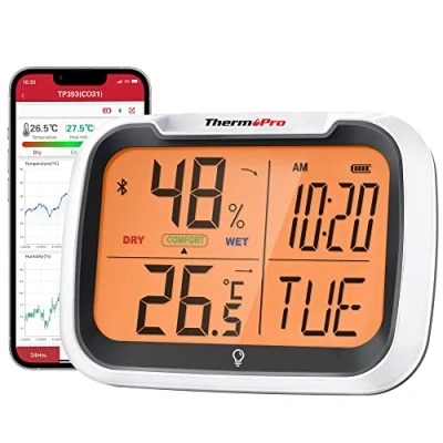 Imagen de ThermoPro TP393 Termómetro de Habitación Digital Medidor Humedad para El Hogar, Sincronización Automática Datos a Través Bluetooth con Alcance 80 m, Higrómetro Recargable Reloj
