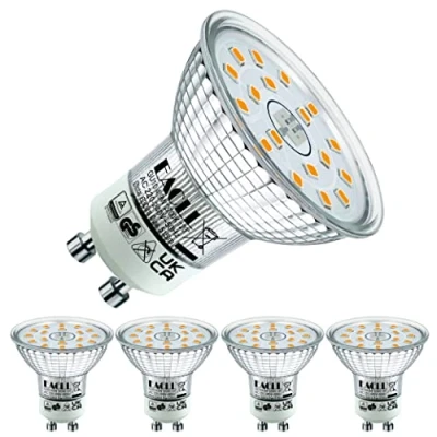 Imagen de EACLL Bombillas LED GU10 Blanco Cálido 4.9W Equivalente 70W Halógena Fuente de Luz, Pack 4, 515 Lúmenes 2700K. AC 230V Sin Parpadeo Focos, 120 Spotlight, Lámpara Reflectora, No Regulable