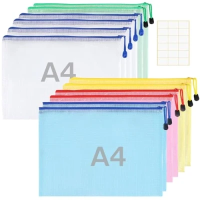 Imagen de 12 Piezas Bolsa de Carpetas Plastico A4 Zanfqvo Sobres Malla Impermeable Documentos para Viaje, Papelería Oficina, Cosméticos (5 Colores)