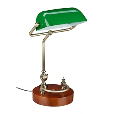 Imagen de Relaxdays Lámpara Banquero, Tulipa Inclinable Cristal, Base Madera, Casquillo E27, Luz Escritorio Vintage, Verde/Marrón