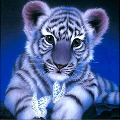 Imagen de Abillyn Kit de punto cruz bordado azul blanco tigre y mariposa estampado con patrón impreso (tigre)