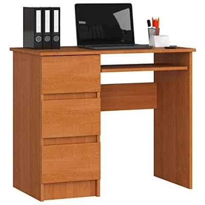 Imagen de AKORD Escritorio a 6 con Estante para Teclado y 3 cajones la Izquierda o Derecha de Oficina Ahorrar Espacio 90x77x50cm 30 kg (Blanco &amp; Roble Sonoma Frente)