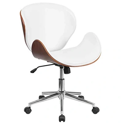 Imagen de Flash Furniture Silla giratoria de Madera Respaldo Medio en Piel, Cromado, Marco Cuero Blanco/Nogal, 59.69 x 58.42 40.64 cm