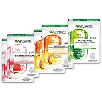 Imagen de Garnier Mascarilla de tela ampollas, 5 máscaras tela, cada una con un efecto diferente, hidratante, paquete
