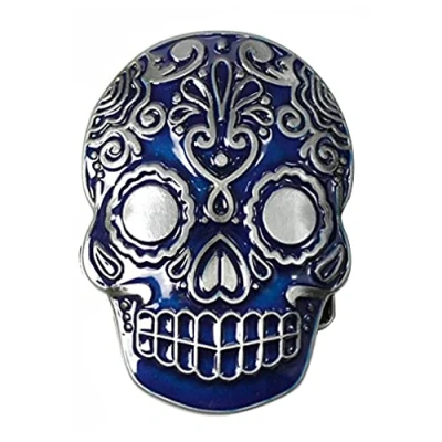 Imagen de DT Hebilla de cinturón estilo vintage mexicano azteca con calavera occidental para hombres y mujeres, cumpleaños, Navidad, día del padre, Azul / Patchwork, Large