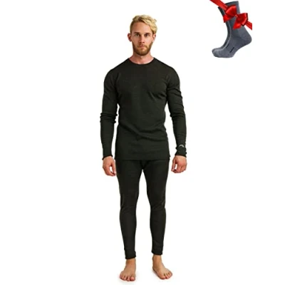 Imagen de Merino.tech Conjunto Lana Merino Hombre Termica Hombre, Camisa Pantalon Termico Merino, como Un Regalo Calcetines Peso Pesado (Small, 320 Army Green)