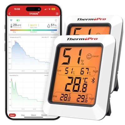 Imagen de ThermoPro termómetro higrómetro de 80 m, Bluetooth, interior, temperatura y humedad con aplicación, exportación datos para oficina, bodega, invernadero TP350, 2 unidades
