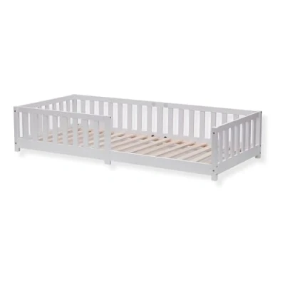 Imagen de ecoMI cama infantil con protección contra caídas y somier, 90 x 200 cm, color blanco, de suelo Montessori, madera maciza pino para individual (blanco, cm)