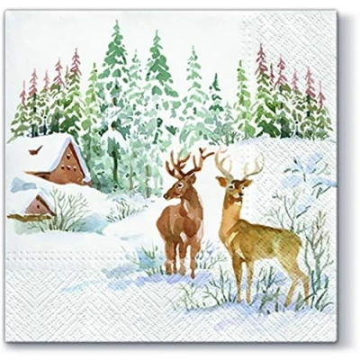 Imagen de 20 servilletas de ciervo en paisaje nevado, animales, invierno, Navidad, 33 x cm