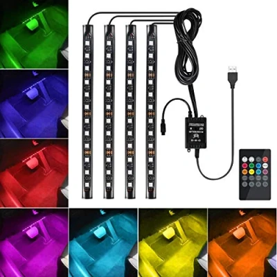 Imagen de Favoto 4x12 Iluminación LED Luz de Ambiente Coche, Auto Interior Atmósfera con Puerto USB y Mando a Distancia, Color Música Decoración Lámpara