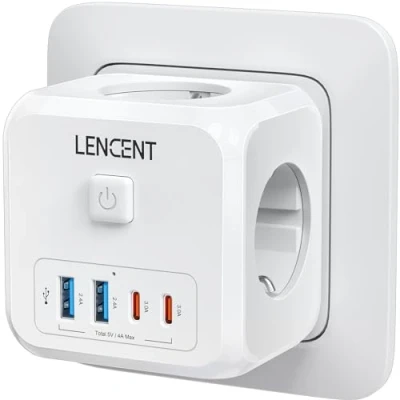 Imagen de LENCENT Cubo Enchufe USB 7 en 1, Ladron Enchufes 4000W, Múltiples Pared con 3 Tomas de CA, 2 A, Tipo C y Interruptor, Cargador para Oficina, Cocina Habitación, Blanco