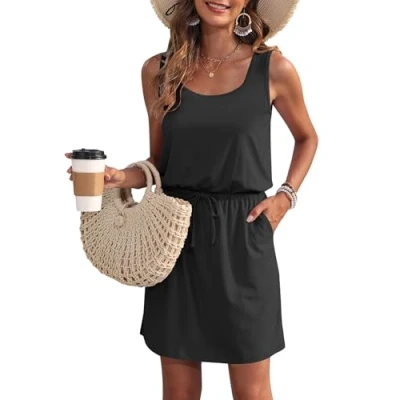 Imagen de WNEEDU Vestido de Verano Las Mujeres sin Mangas Tanque Playa encubrimientos U Cuello cordón Vestidos Negro S