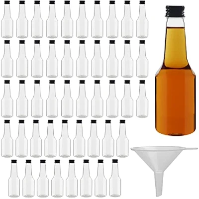 Imagen de BELLE VOUS Botellas de Licor Miniatura (Pack 48) Botella Reutilizable Plástico 100 ml Vacías Tapa Negra Rosca y Embudo Verter Llenar Mini Licor, Bodas Fiestas