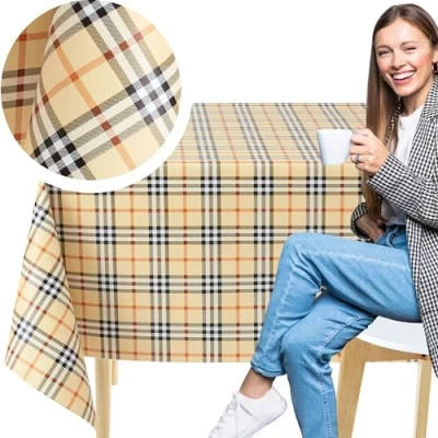 Imagen de KP HOME Mantel Hule Mesa Rectangular 200 x 137 cm Manteles PVC para Exterior e Interni Paño de Aceite Vinilo Impermeable Antimanchas con Diseño Escocés Eredità Beige