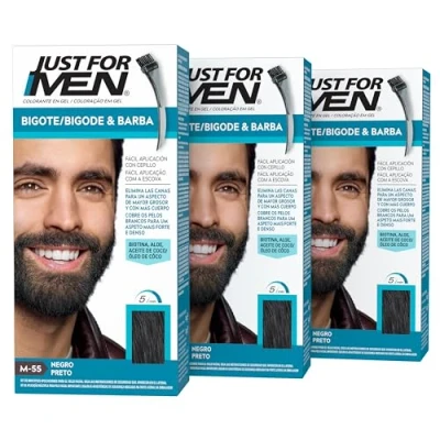 Imagen de Just For Men Tinte Bigote Y Barba, Elimina Las Canas Para Una Apariencia Más Espesa Completa, Con Pincel Aplicador Incluido, Color Negro, M55 (3 Pack)