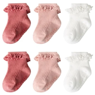 Imagen de DRESHOW Calcetines de Encaje para Bebés Antideslizantes con Volantes Recién Nacidos Niñas Vestir el Tobillo