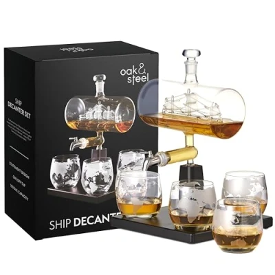 Imagen de Juego Decantador de Whisky mas Set 4 Vasos Aireador para Bebidas Espirituosas Ideal Ocasiones Especiales Capacidad 1000 ml