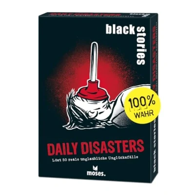 Imagen de moses. Black Stories Daily Disasters 50 Puzzles sobre desgracias Reales, Juego de Cartas con Variante y fichas puntuación, para jóvenes Adultos