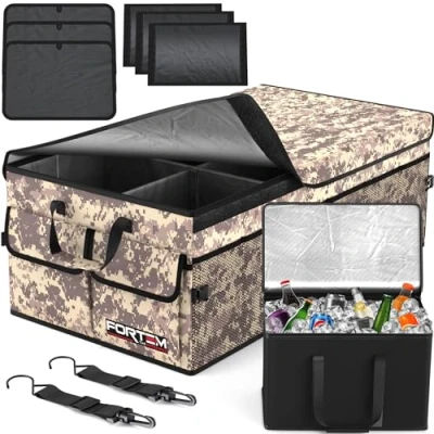 Imagen de FORTEM Organizador de Maletero Coche y SUV Caja Plegable con 3 Compartimentos Extra Grande Bolsa Nevera Base Antideslizante Cinchas Ajustables Tapa Extraíble (Desierto)