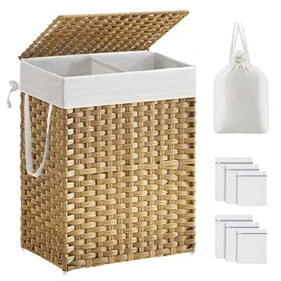 Imagen de SONGMICS Cesto de Ropa Sucia con Tapa, Cesta 90 L, 2 Compartimentos, Bolsa Extraíble Asas, Tejido a Mano, para Dormitorio, Baño, Lavandería, 33 x 46 60 cm, Natural LCB251N01V1