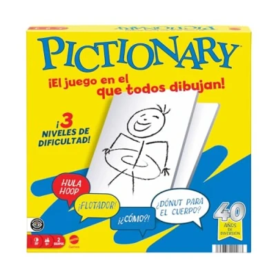 Imagen de Mattel Games Pictionary Juego de mesa familiar para niños y niñas, adultos noches juego, dos equipos con rotulador tinta borrable, pizarras reloj arena, JDY00