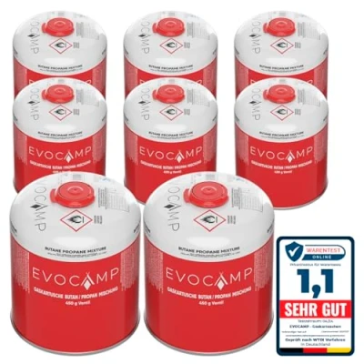 Imagen de EVOCAMP 8X Cartucho de Gas Propano Butano 450g, Rosca Europea 7/16&quot;, Botellas para Camping 809ml, bombona Gas, Puede Utilizarse barbacoas Weber la Serie Q100/1200