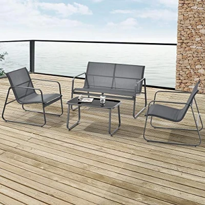 Imagen de casa.pro Conjunto de Muebles Jardin Exterior 4 Piezas 1 Mesa Centro Sofá Plazas 2 Sillas con Reposabrazos Terraza Acero/Crista Templadol/Textileno Gris y Negro