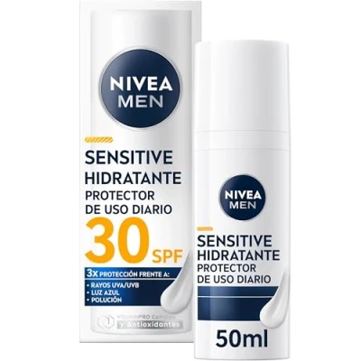 Imagen de NIVEA MEN Sensitive hidratante protector FP30 de Uso Diario (50 ml), crema facial para hombre, solar piel sensible con Camomila, Provitamina B5, Vitamina E y Licocalcón A
