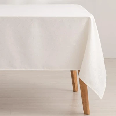 Imagen de GAMUSI Mantel Antimanchas Mesa Cuadrada Jacquard Impermeable 140x140 cm, Tacto Tela, Color Blanco Ring
