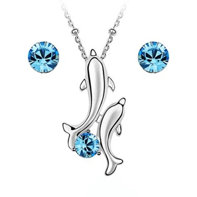 Imagen de Crystalline Azuria Mujer 18ct Chapado en Oro Blanco Cristales Delfines Juego de joyas Azul Aguamarina simulada Collar con Colgante 45 cm Pendientes aro