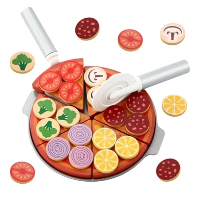 Imagen de Juego de Pizza para cocinita Infantil, Comida Juguete 27 Piezas, Madera DIY, cocinita, Regalos educativos niños.