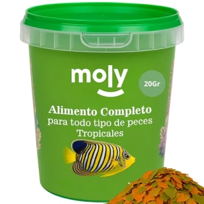Imagen de MOLY Alimento para Peces de Agua Caliente 120 ml Comida Tropicales 20 gr en Escamas Fórmula Rica Nutrientes y Micronutrientes