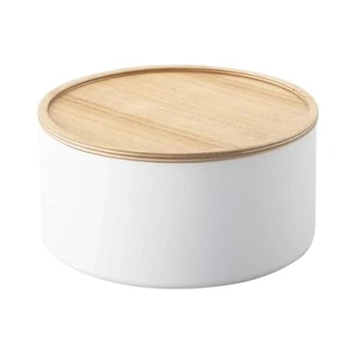 Imagen de YAMAZAKI 5803 RIN Estuche de almacenamiento con tapa redonda profunda, blanco, Acero/Madera, minimalista, 22 x 11 cm