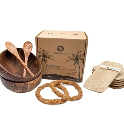 Imagen de Chinchilla® Set de 2 cáscaras coco + Esponja lufa Cáscara natural cocina Sostenible Lavable y reutilizable vegano