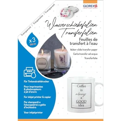 Imagen de GLOREX 6 1241 701 película para diapositivas, 3 piezas de transferencia A4, decoración vidrio, cerámica, velas, metal, madera y plástico, impresoras inyección tinta