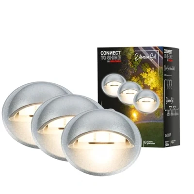 Imagen de Briloner Iluminación de jardín Connect to Shine 12 V, juego 3 focos empotrables suelo con luz lateral, extensión, IP65, luces suelo, 35x36 mm, plateado