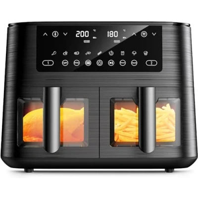 Imagen de 9L Freidora de Aire con Doble Cesta e Ventana, XL Dual Air Fryer sin Aceite, 2 Cajones, 9 en 1 Preajustes Cocción, Pantalla Táctil, Funciones Inteligentes&amp;Temporizador, Cocción Rápida y Saludable