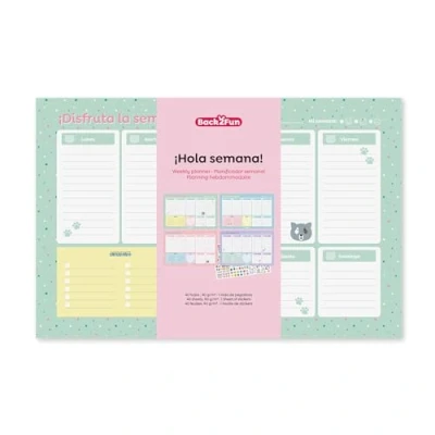 Imagen de Back2Fun Planificador Semanal Horizontal Tamaño 340 x 220 mm, Planner atemporal A4 plus, Encolado, 40 hojas, 4 diseños de páginas, 1 página stickers, Papel 90 g/m², Español