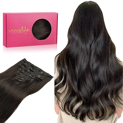Imagen de WENNALIFE Extensiones Clip Pelo Natural, 45cm 120g 7 Piezas, Castaño Oscuro de Natural Remy Cabello Postizos Mujer